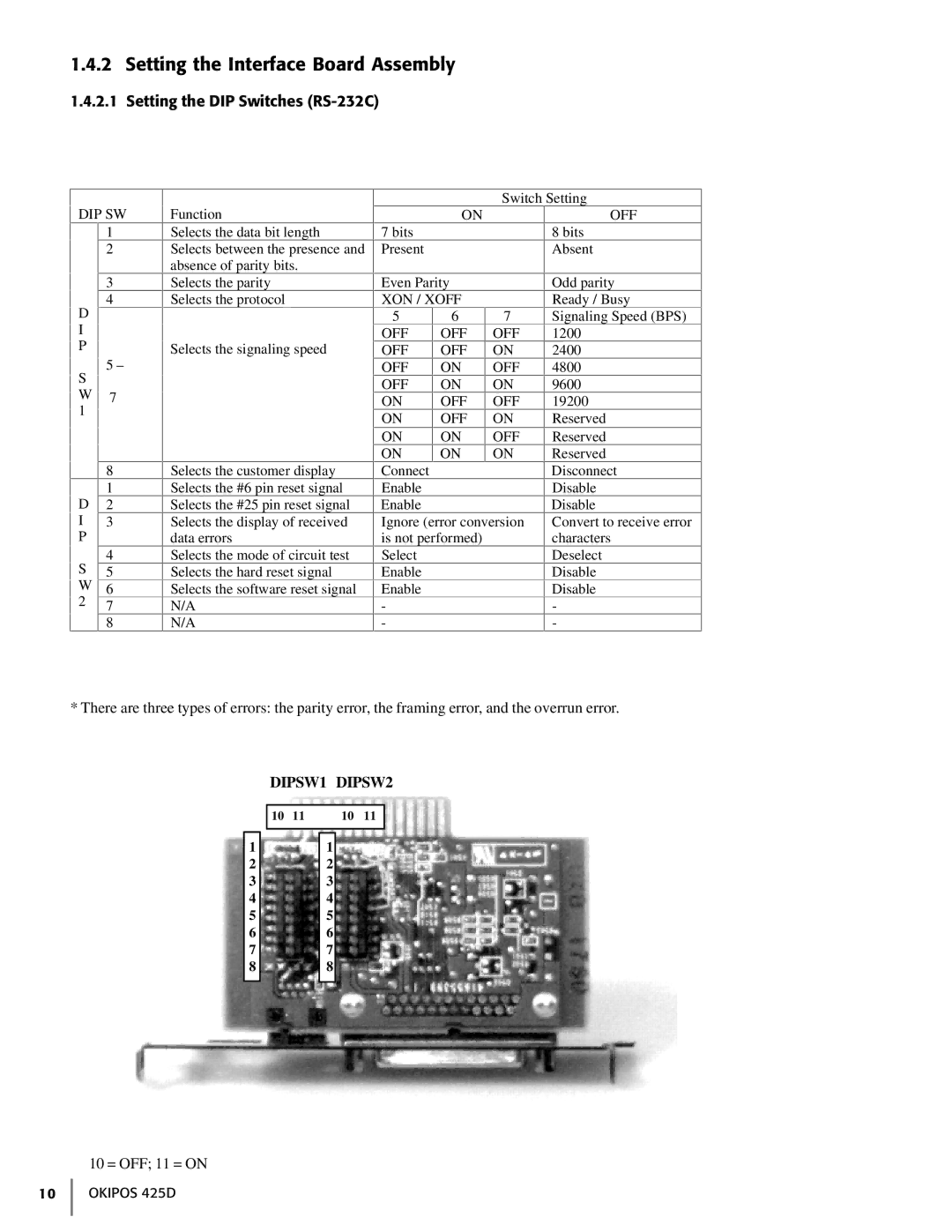 Oki 425D manual Setting the Interface Board Assembly, Setting the DIP Switches RS-232C 