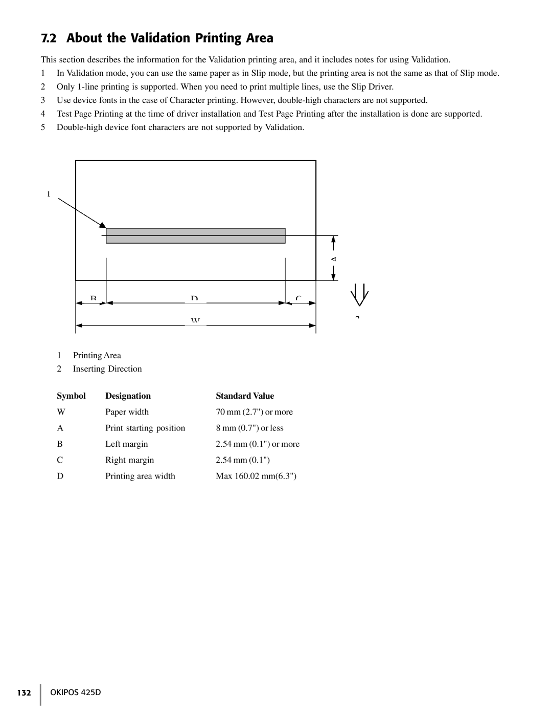 Oki 425D manual About the Validation Printing Area, Symbol Designation Standard Value 