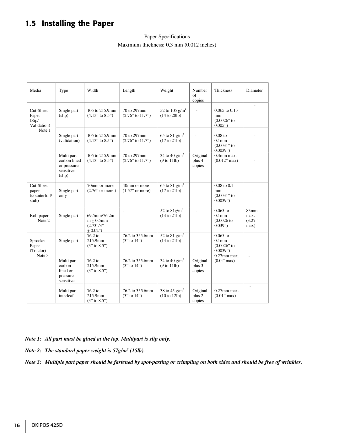 Oki 425D manual Installing the Paper, Paper Specifications Maximum thickness 0.3 mm 0.012 inches 
