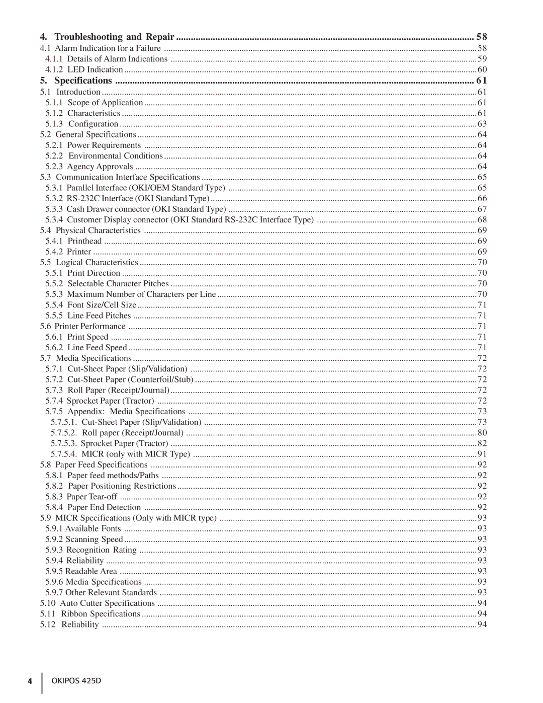 Oki 425D manual Troubleshooting and Repair, Specifications 