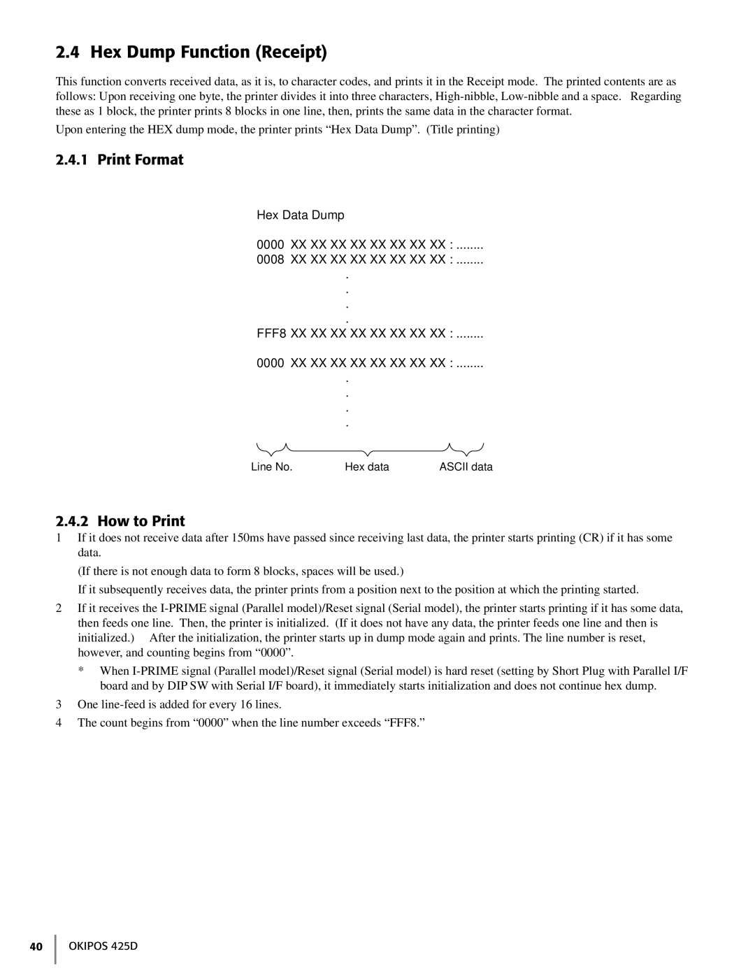 Oki 425D manual Hex Dump Function Receipt, Print Format, How to Print 