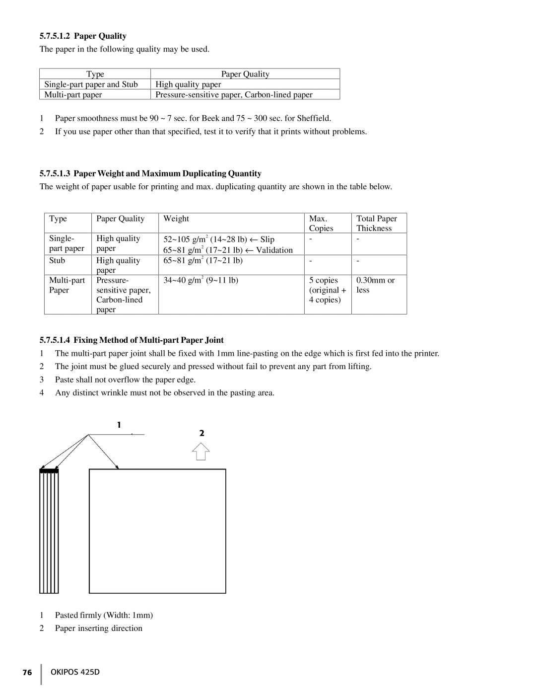 Oki 425D manual Paper Quality, Paper Weight and Maximum Duplicating Quantity, Fixing Method of Multi-part Paper Joint 