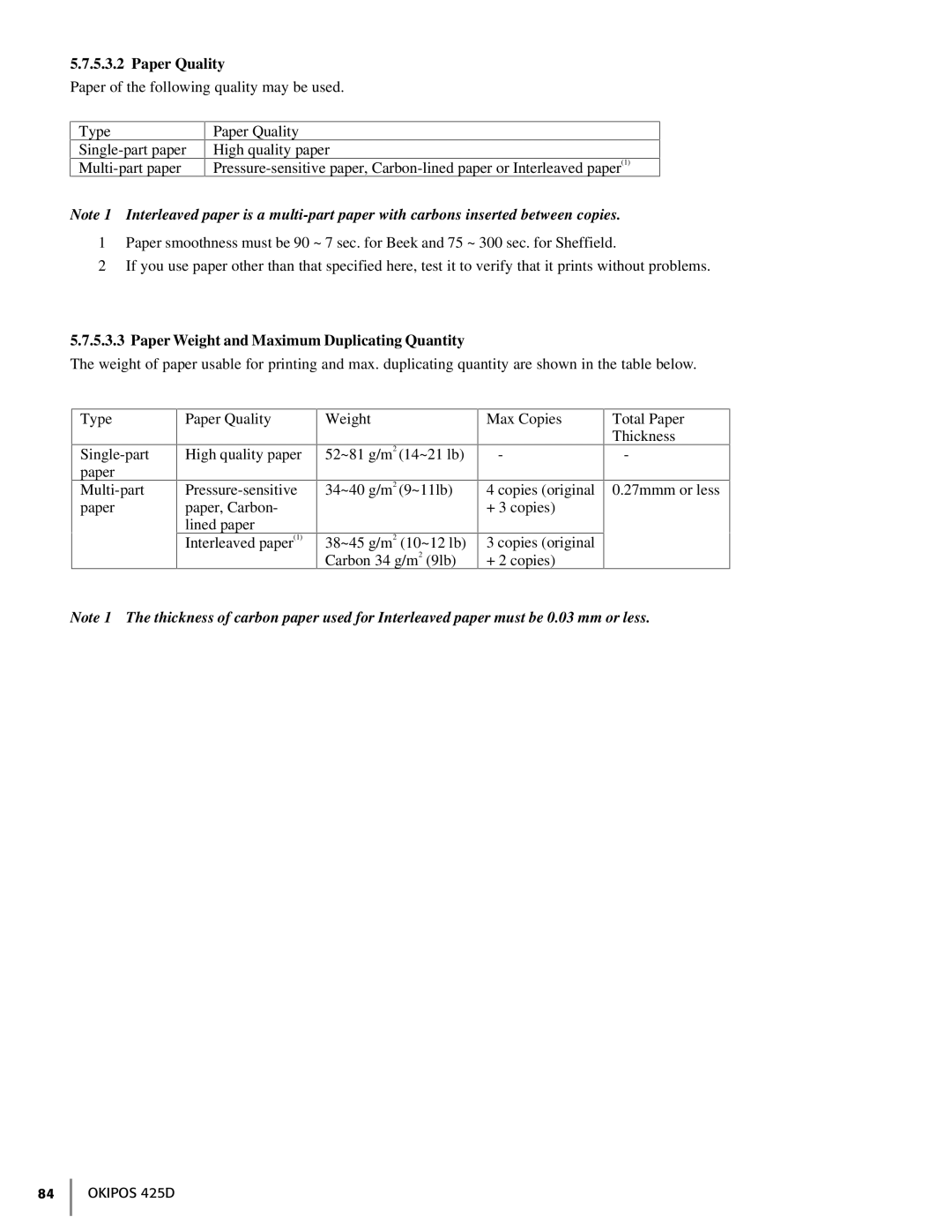 Oki 425D manual Paper Quality 