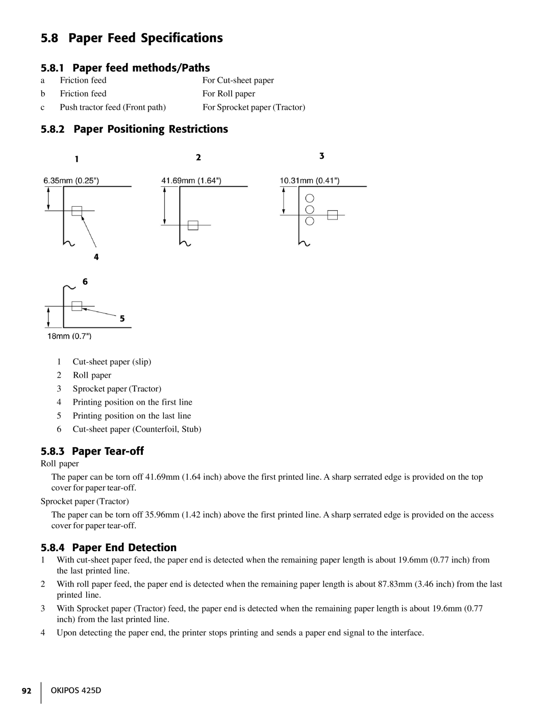 Oki 425D manual Paper Feed Specifications, Paper feed methods/Paths, Paper Positioning Restrictions, Paper Tear-off 