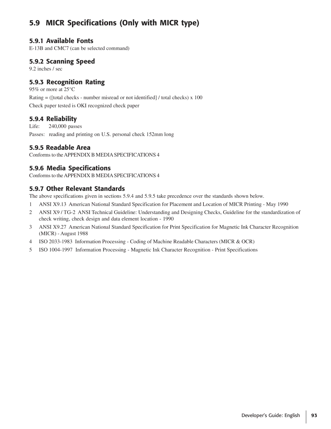 Oki 425D manual Micr Specifications Only with Micr type 