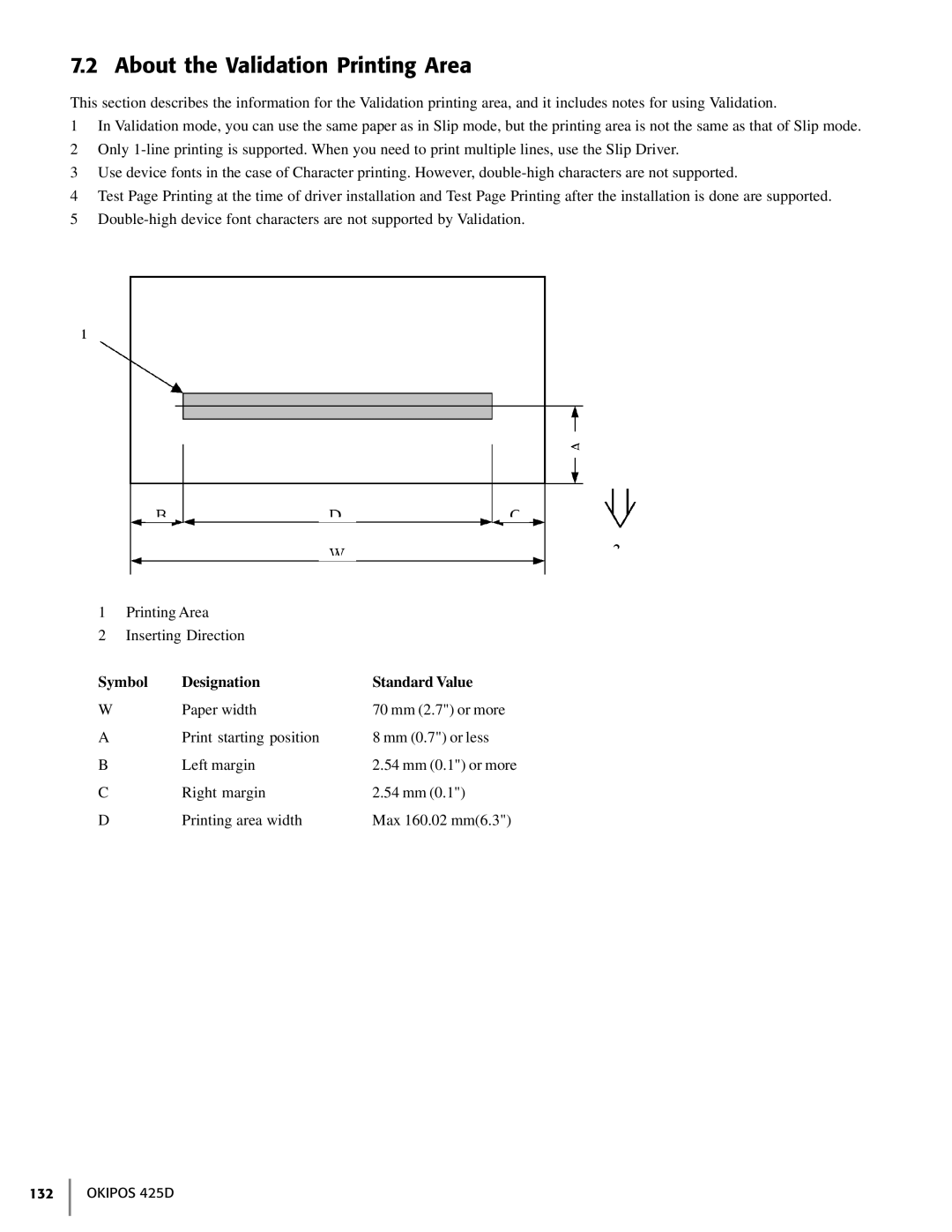 Oki 425D manual About the Validation Printing Area, Symbol, Designation, Standard Value 