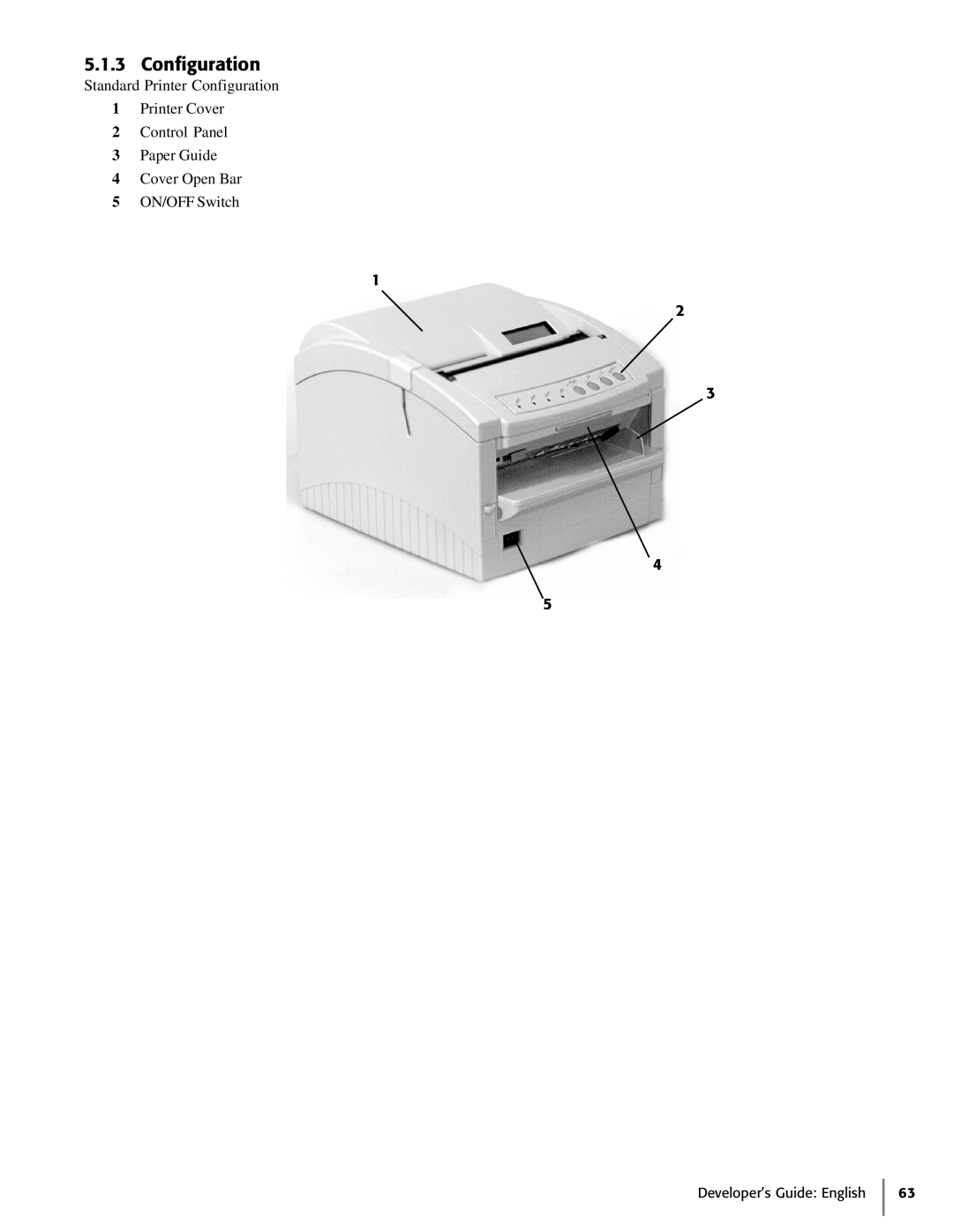 Oki 425D Standard Printer Configuration 1 Printer Cover 2 Control Panel, Paper Guide 4 Cover Open Bar 5 ON/OFF Switch 