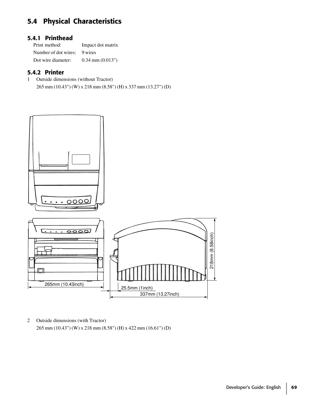 Oki 425D manual Physical Characteristics, Printhead, Printer 
