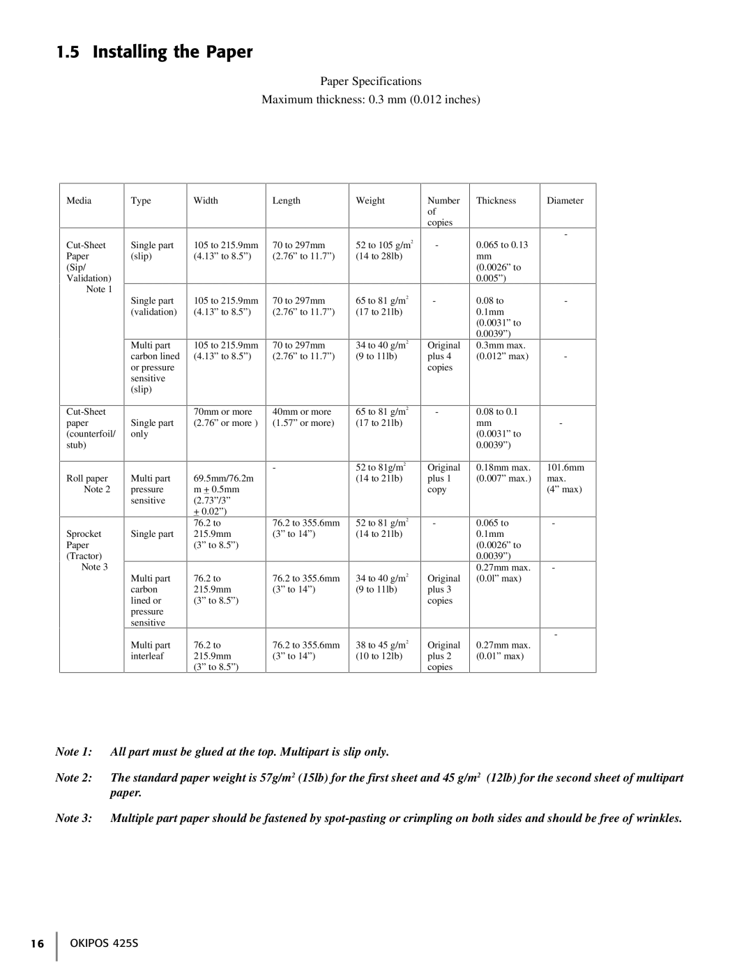 Oki 425S manual Installing the Paper, Paper Specifications Maximum thickness 0.3 mm 0.012 inches 