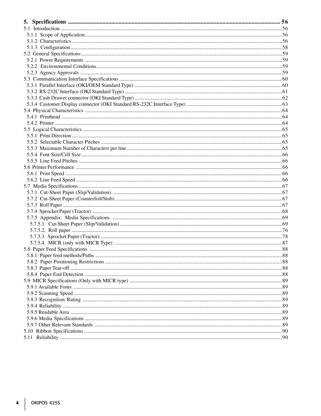 Oki 425S manual Specifications 