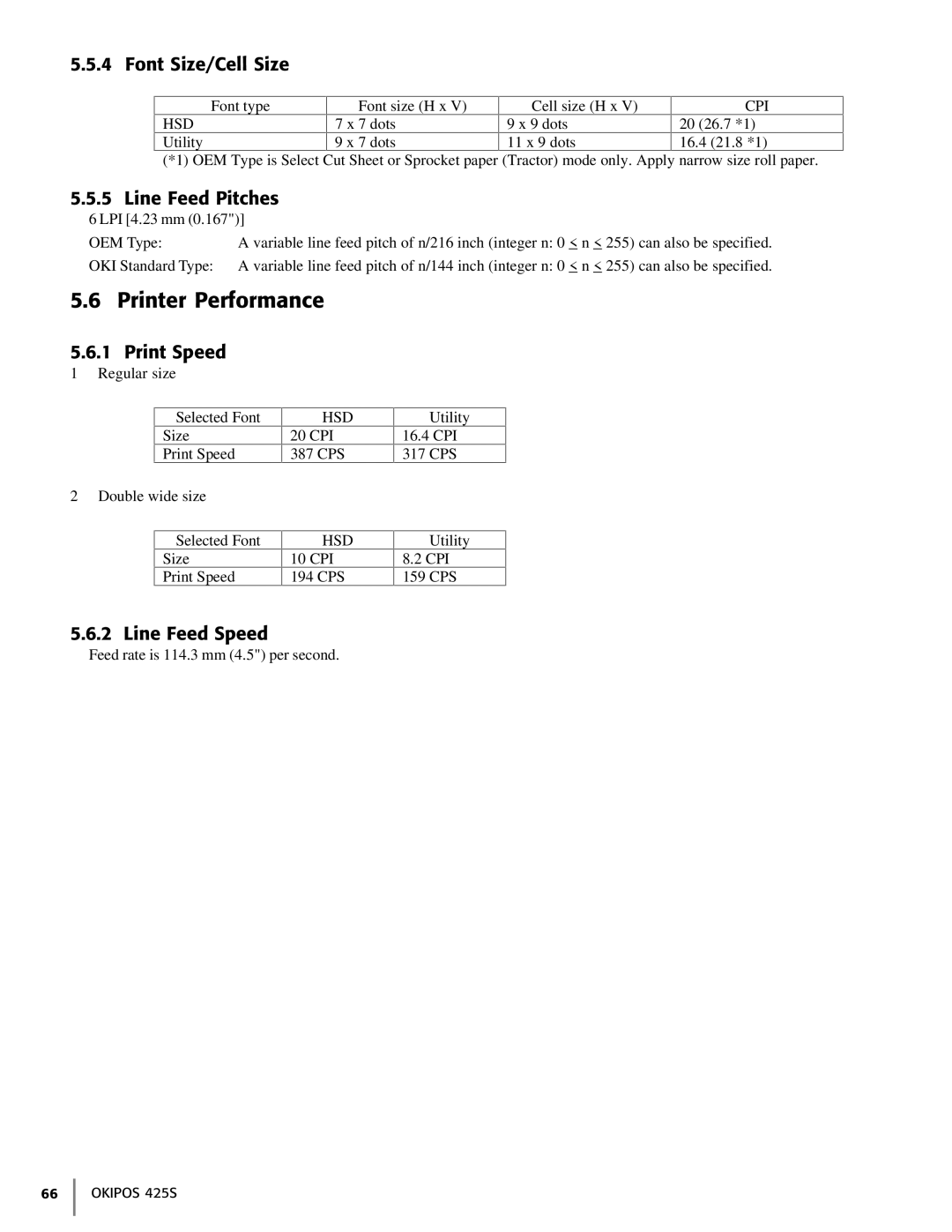 Oki 425S manual Printer Performance, Font Size/Cell Size, Line Feed Pitches, Line Feed Speed 