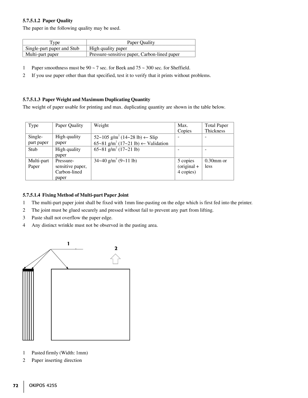 Oki 425S manual Paper Quality, Paper Weight and Maximum Duplicating Quantity, Fixing Method of Multi-part Paper Joint 