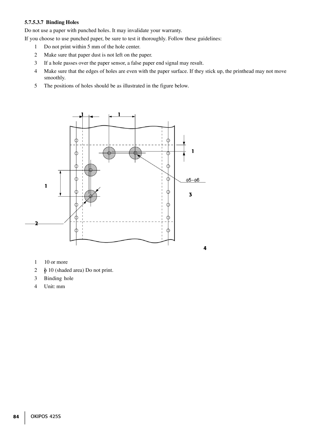 Oki 425S manual Binding Holes 