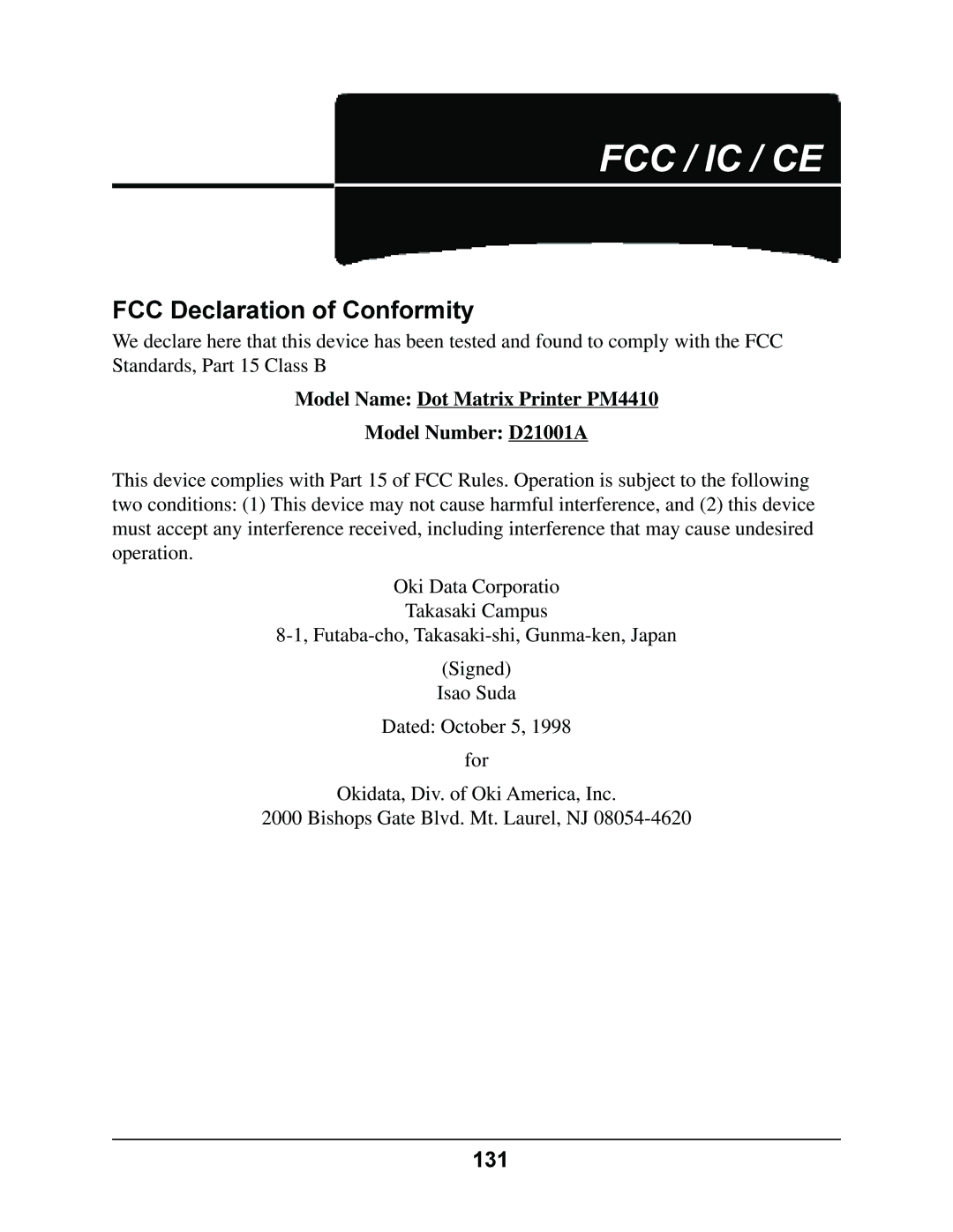 Oki manual FCC Declaration of Conformity, 131, Model Name Dot Matrix Printer PM4410 Model Number D21001A 