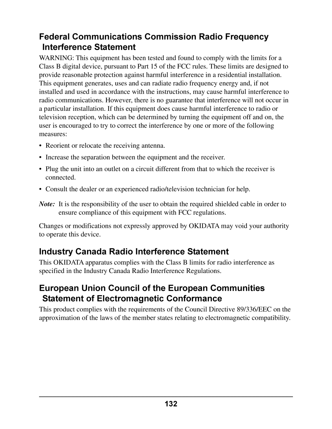 Oki 4410 manual Industry Canada Radio Interference Statement, 132 