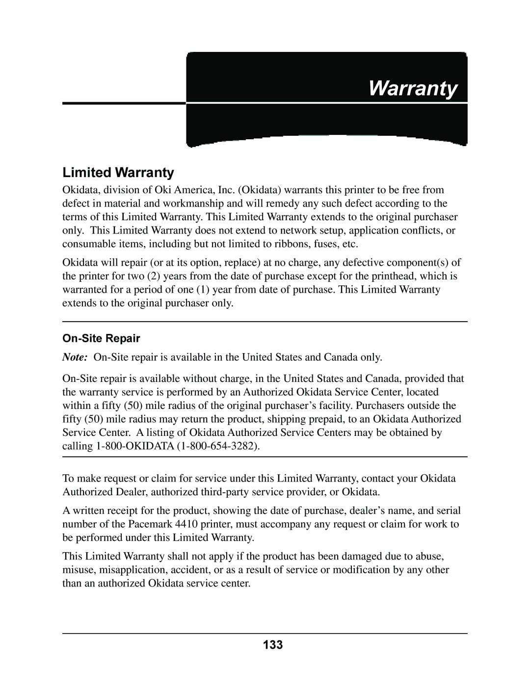 Oki 4410 manual Limited Warranty, 133, On-Site Repair 