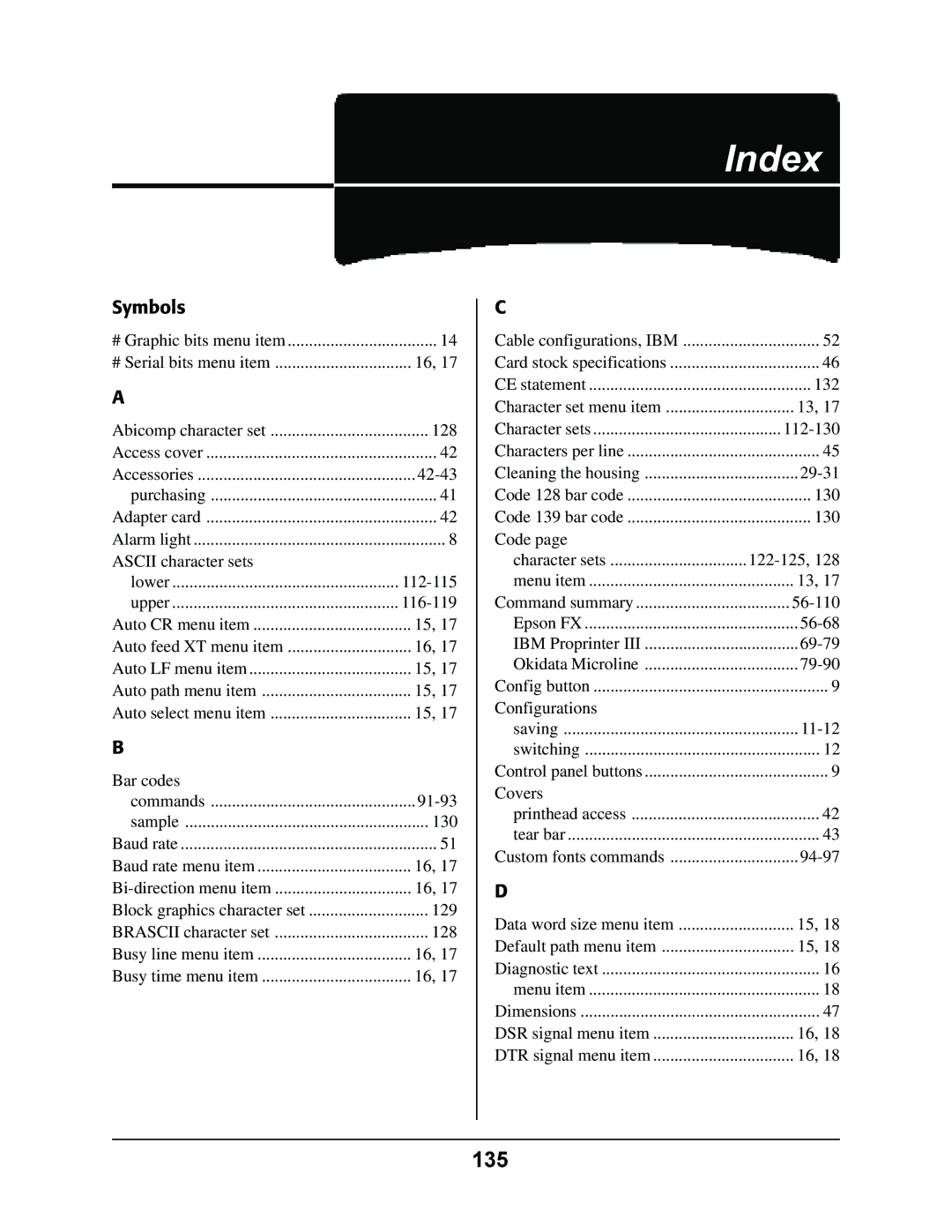 Oki 4410 manual Index, 135 