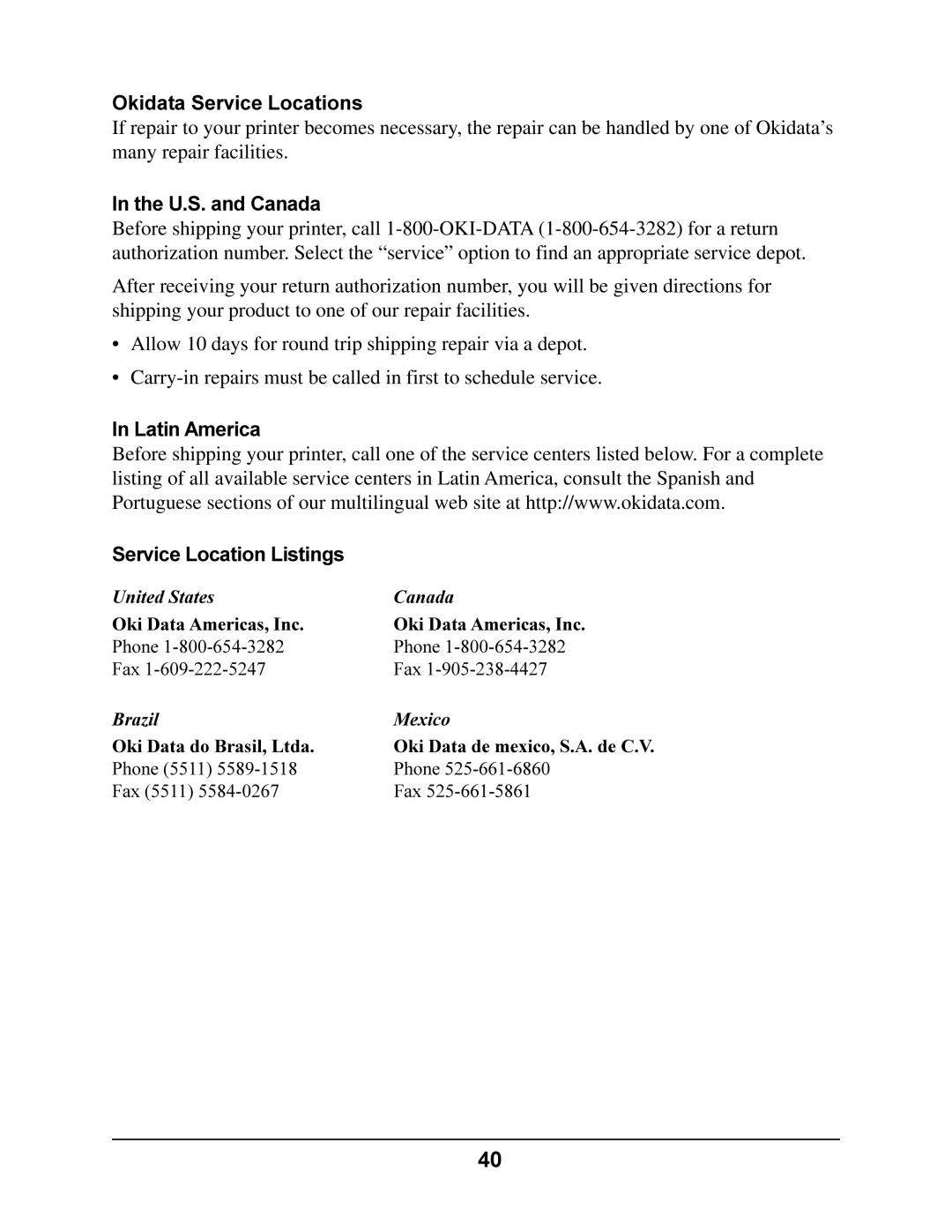 Oki 4410 manual Okidata Service Locations, U.S. and Canada, Latin America Service Location Listings, Oki Data Americas, Inc 