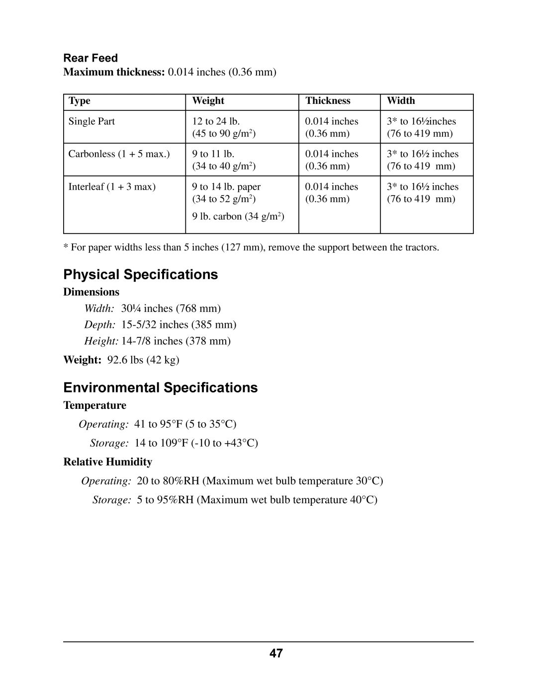 Oki 4410 manual Physical Specifications, Environmental Specifications, Rear Feed 