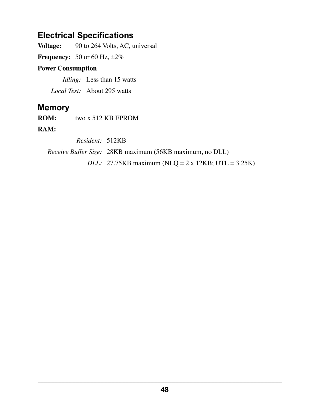 Oki 4410 manual Electrical Specifications, Memory, Power Consumption 