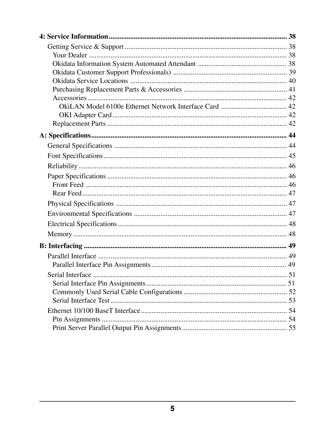 Oki 4410 manual Service Information, Specifications, Interfacing 