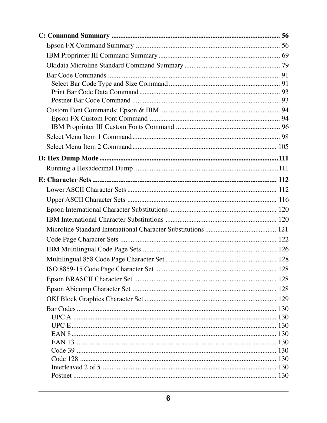 Oki 4410 manual Command Summary, Hex Dump Mode 111, Character Sets 112 