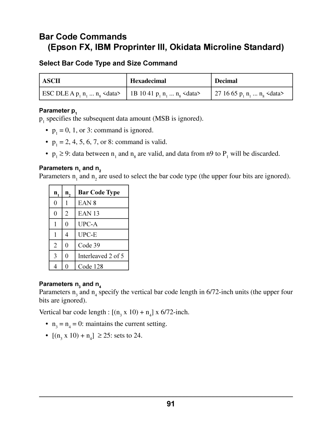 Oki 4410 manual Select Bar Code Type and Size Command 