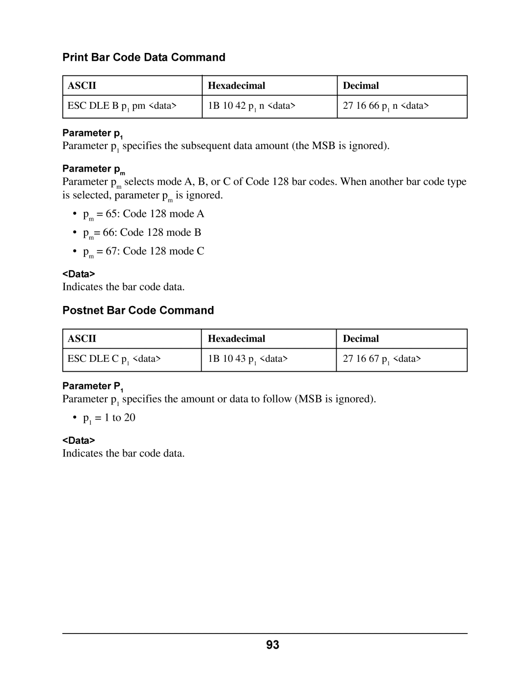 Oki 4410 manual Print Bar Code Data Command, Postnet Bar Code Command 