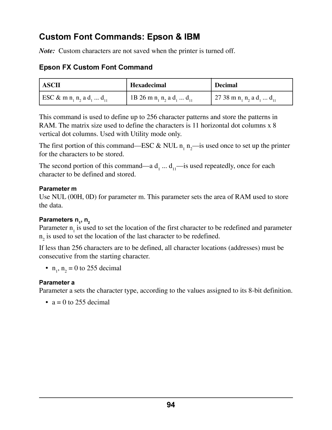 Oki 4410 manual Custom Font Commands Epson & IBM, Epson FX Custom Font Command 