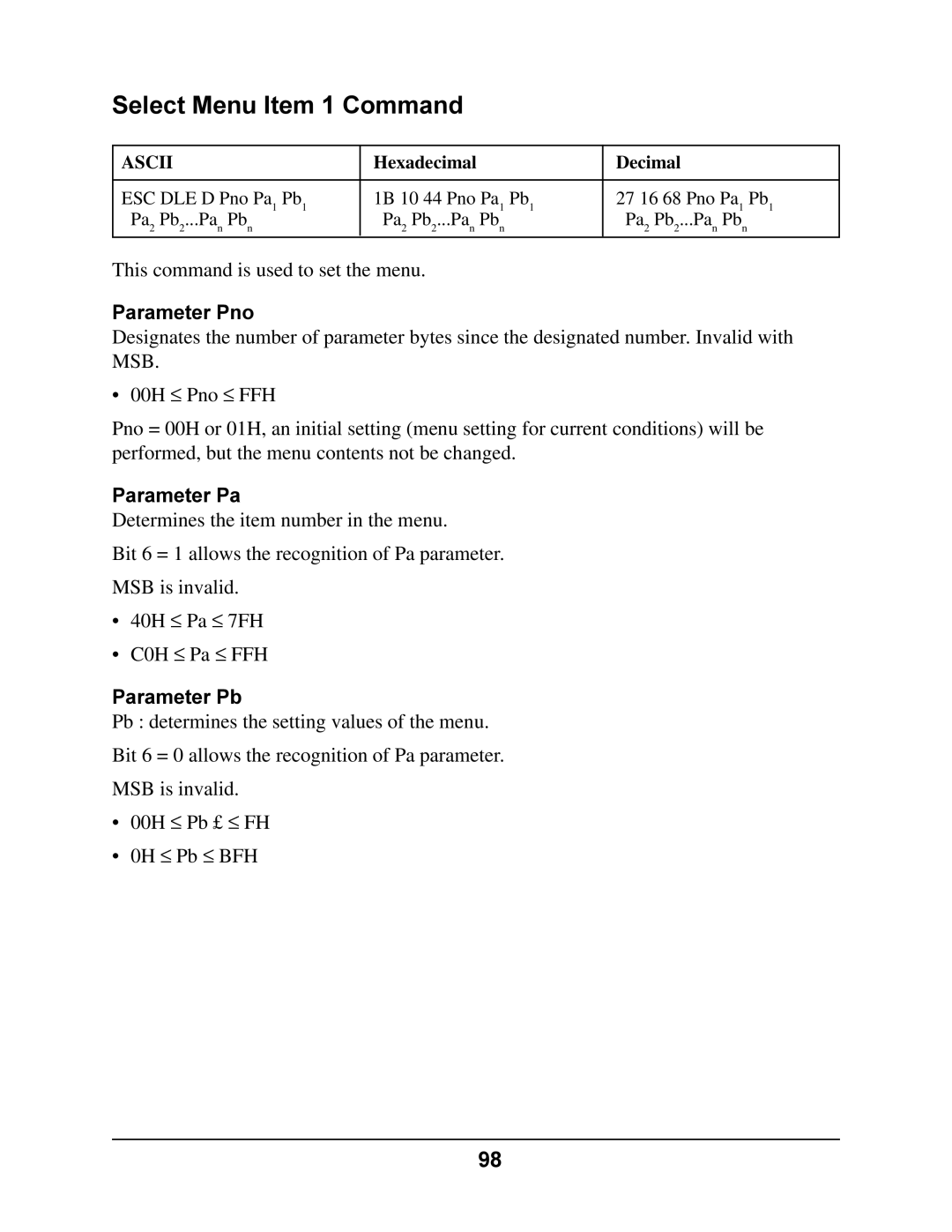 Oki 4410 manual Select Menu Item 1 Command, Parameter Pno, Parameter Pa, Parameter Pb 