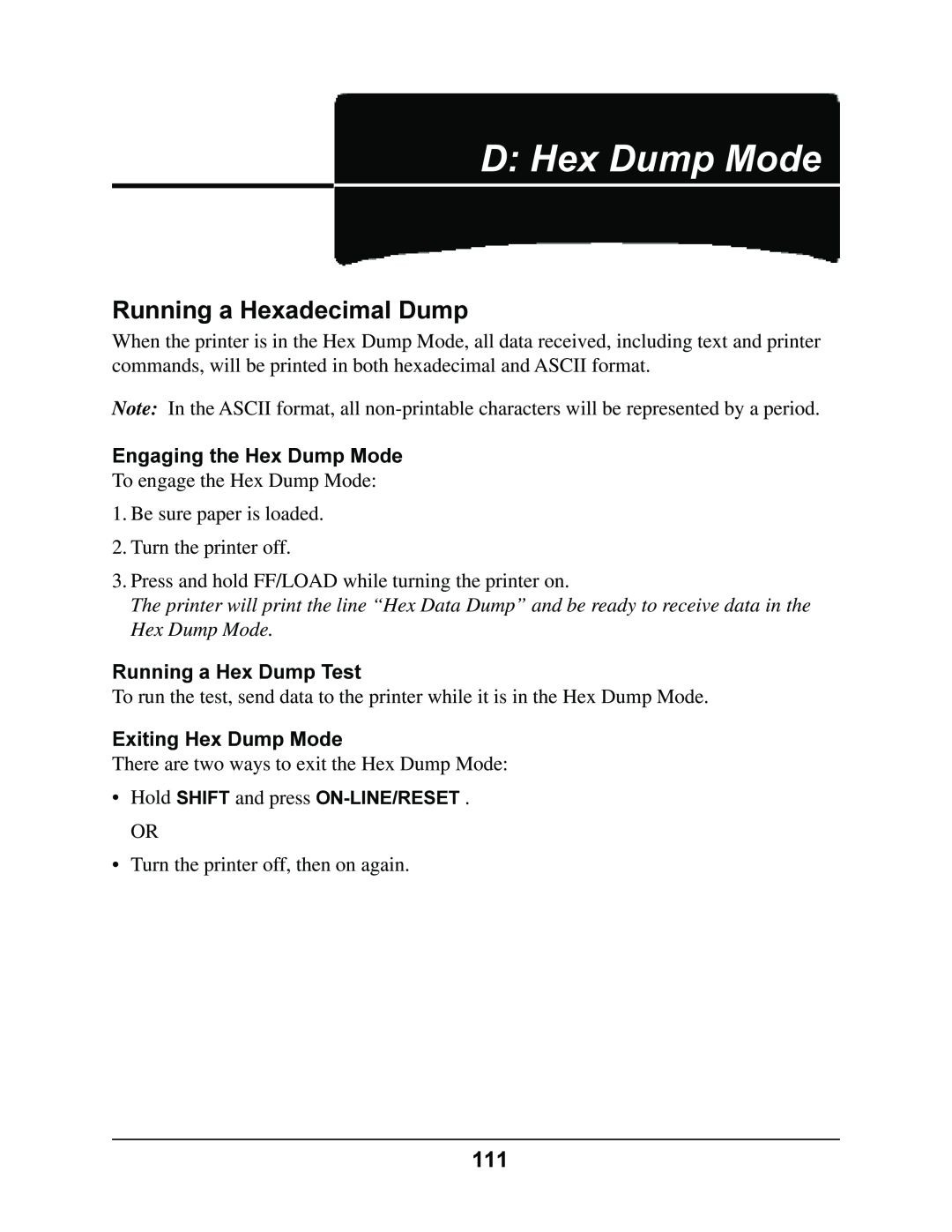 Oki 4410 manual D Hex Dump Mode, Running a Hexadecimal Dump, Engaging the Hex Dump Mode, Running a Hex Dump Test 