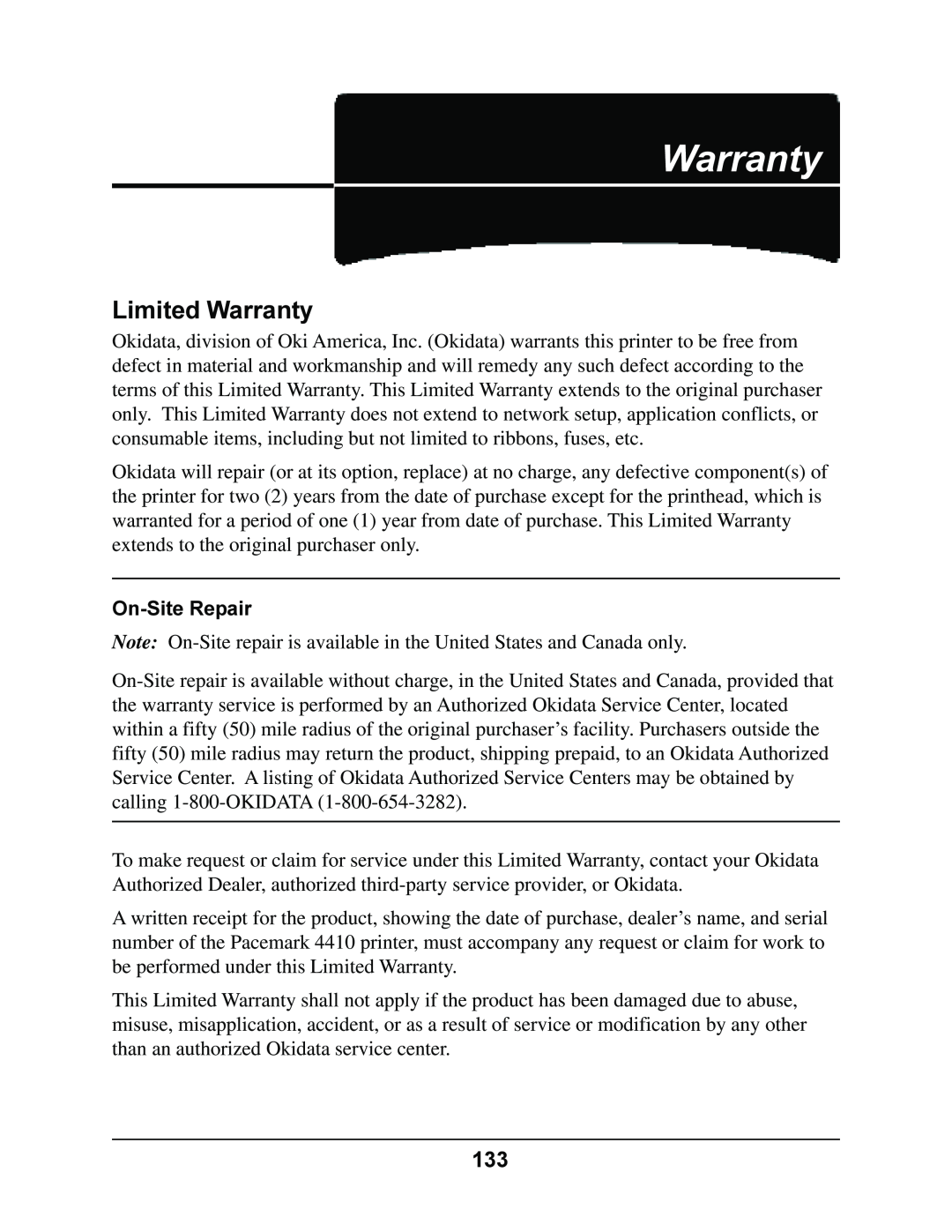 Oki 4410 manual Limited Warranty, On-Site Repair 