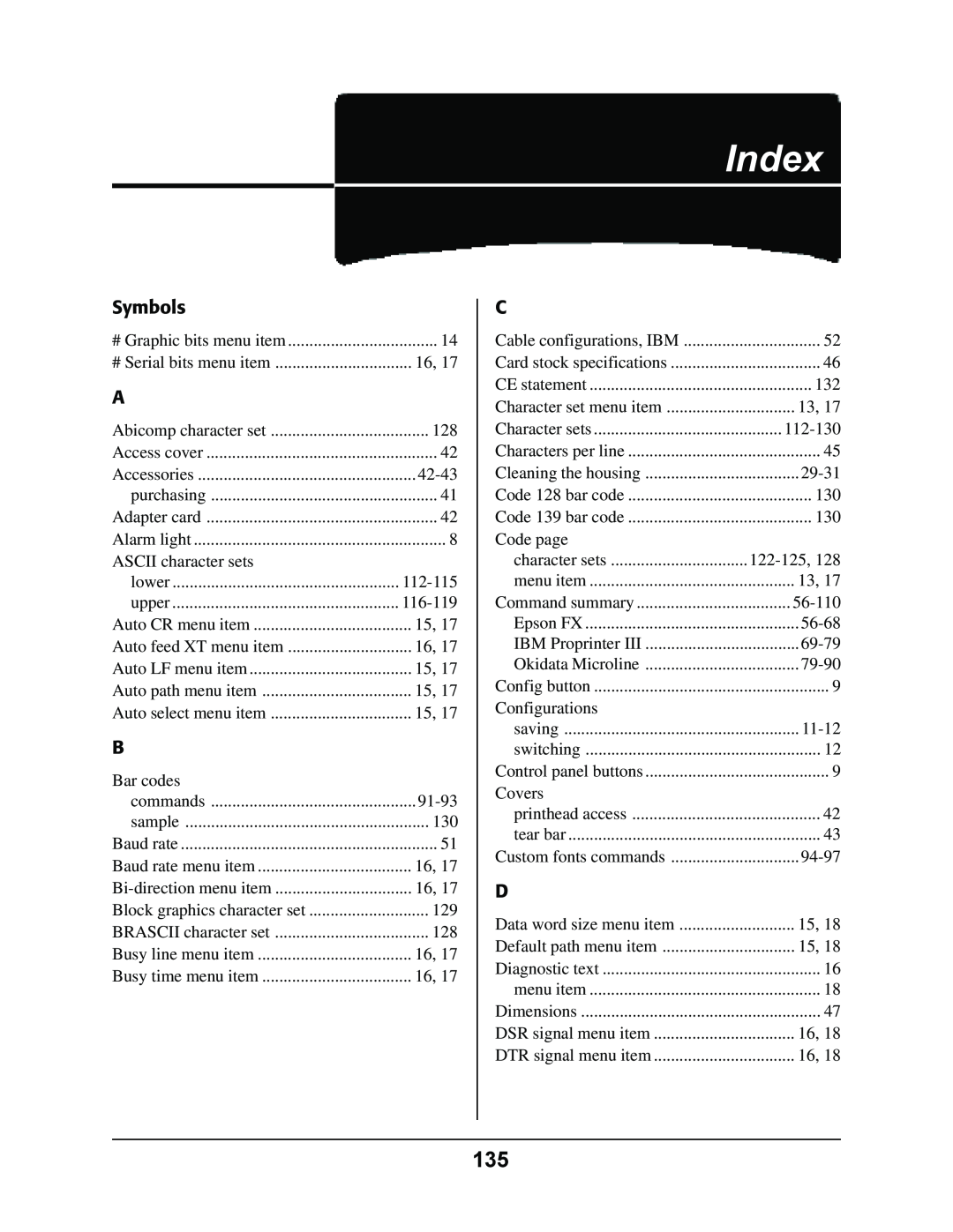 Oki 4410 manual Index, Symbols 