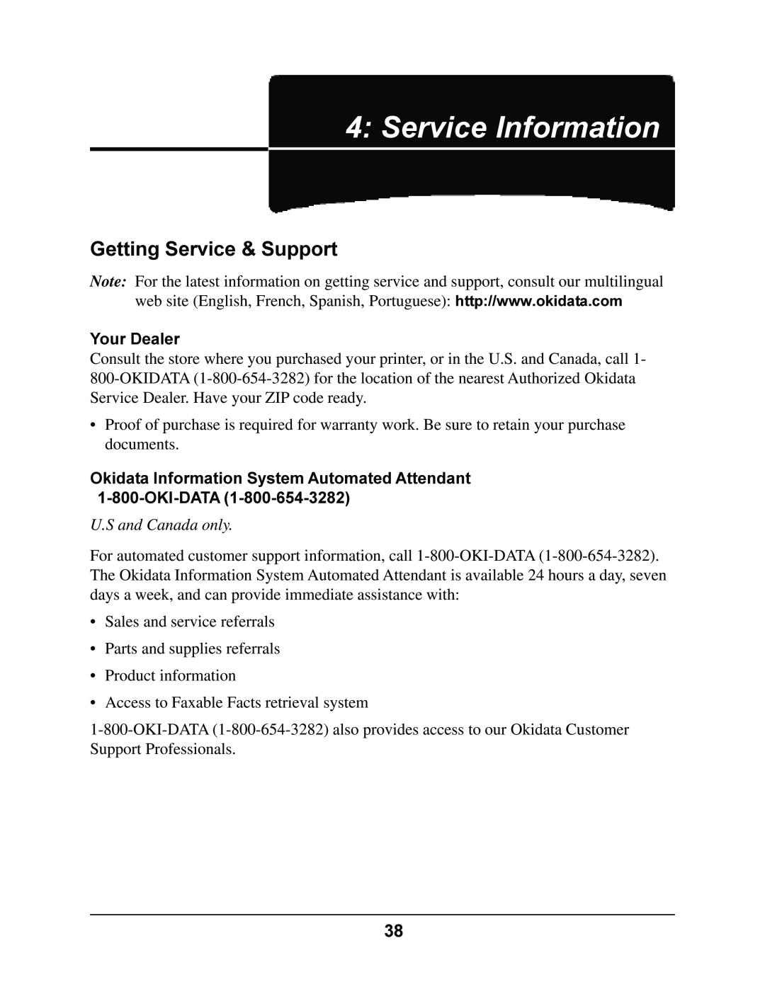 Oki 4410 manual Service Information, Getting Service & Support, Your Dealer 