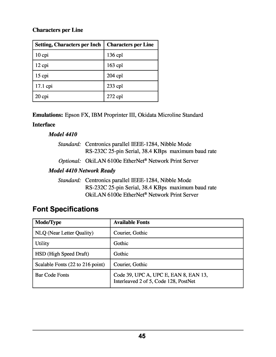 Oki manual Font Specifications, Characters per Line, Interface, Model 4410 Network Ready 