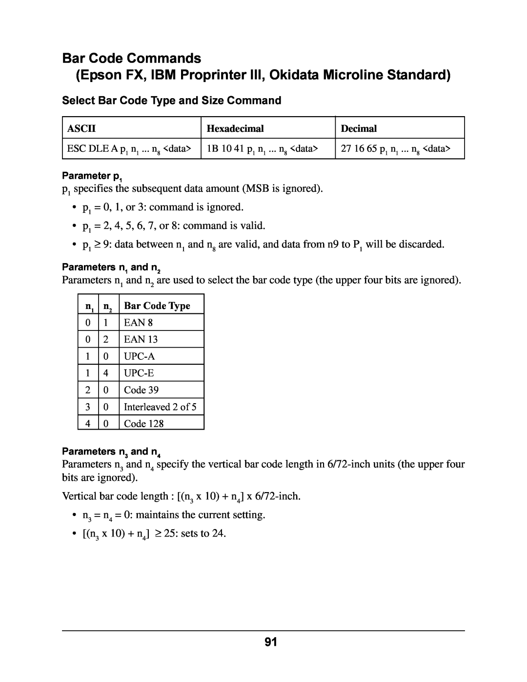 Oki 4410 manual Bar Code Commands, Epson FX, IBM Proprinter III, Okidata Microline Standard 
