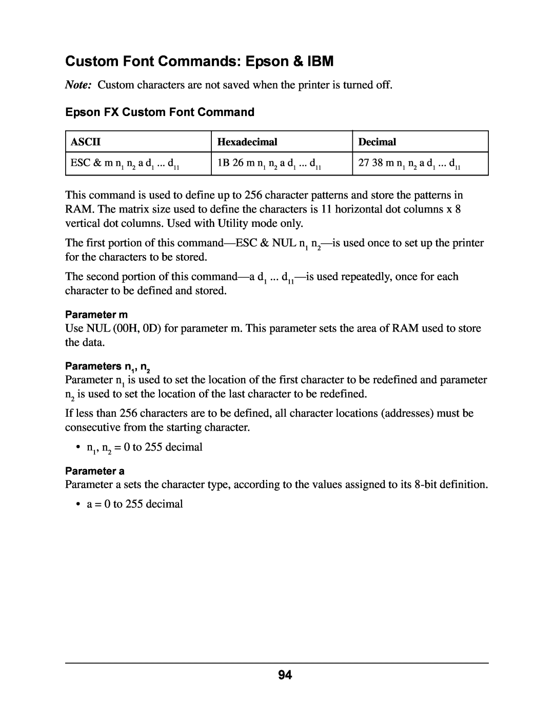 Oki 4410 manual Custom Font Commands Epson & IBM, Epson FX Custom Font Command 