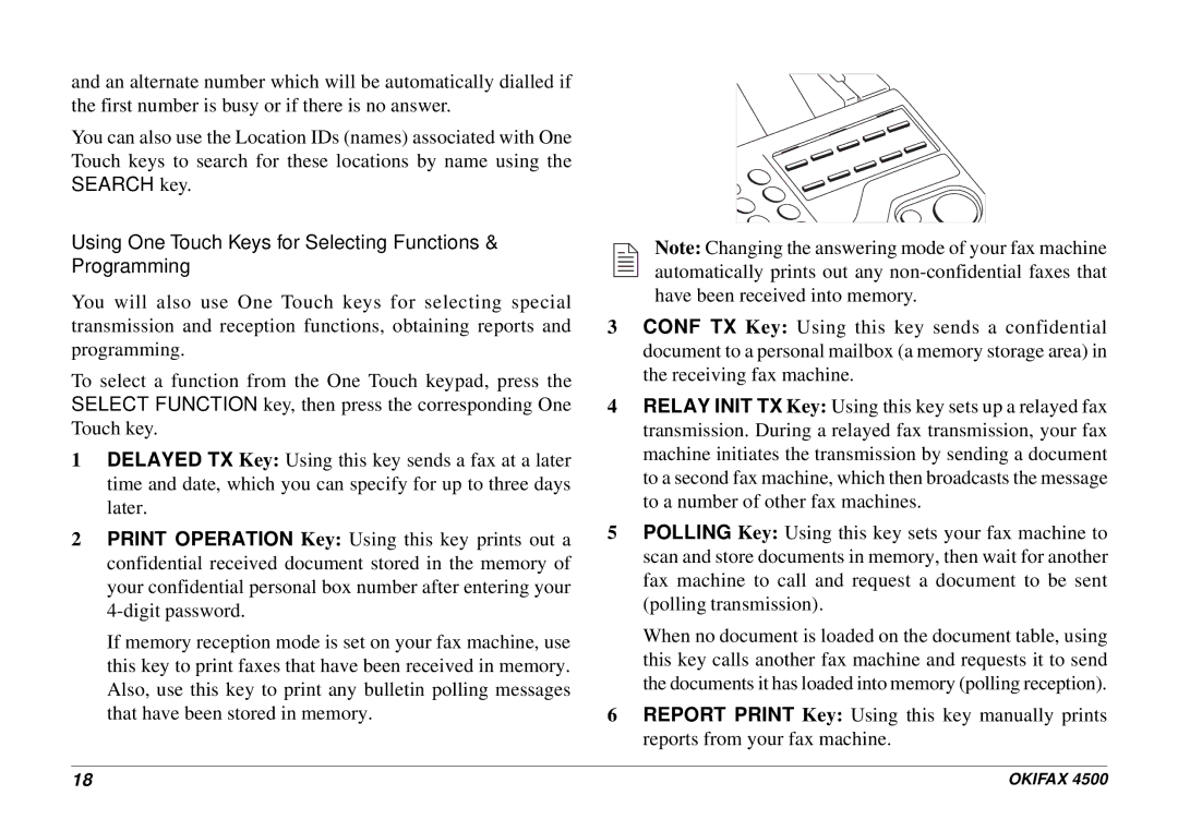 Oki 4500 manual Using One Touch Keys for Selecting Functions & Programming 