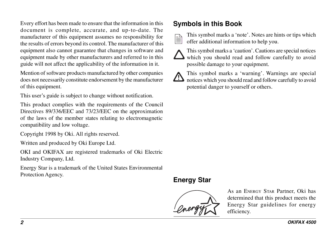 Oki 4500 manual Symbols in this Book, Energy Star 