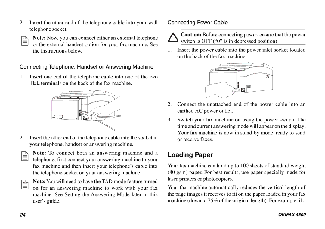 Oki 4500 manual Loading Paper, Connecting Telephone, Handset or Answering Machine, Connecting Power Cable 