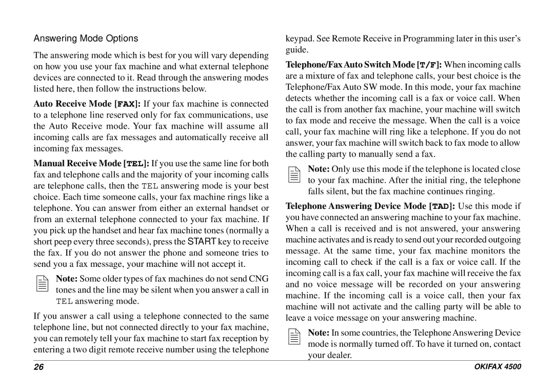 Oki 4500 manual Answering Mode Options 