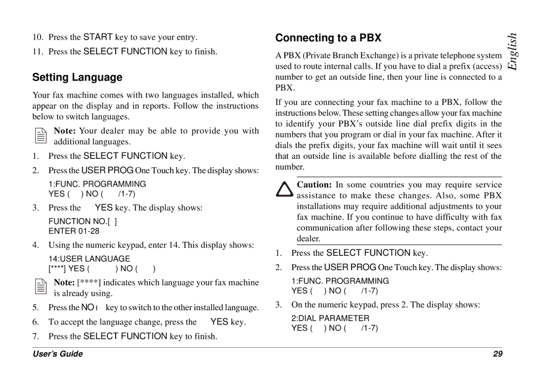 Oki 4500 manual Setting Language, Connecting to a PBX 