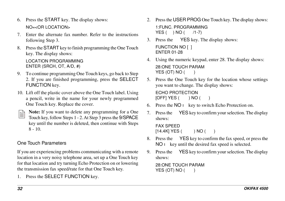 Oki 4500 manual One Touch Parameters, Press the Select Function key 