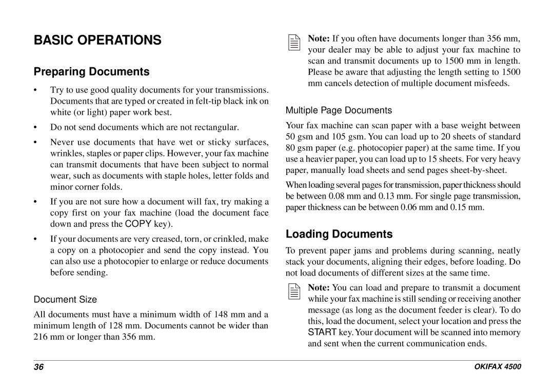 Oki 4500 manual Basic Operations, Preparing Documents, Loading Documents, Document Size, Multiple Page Documents 