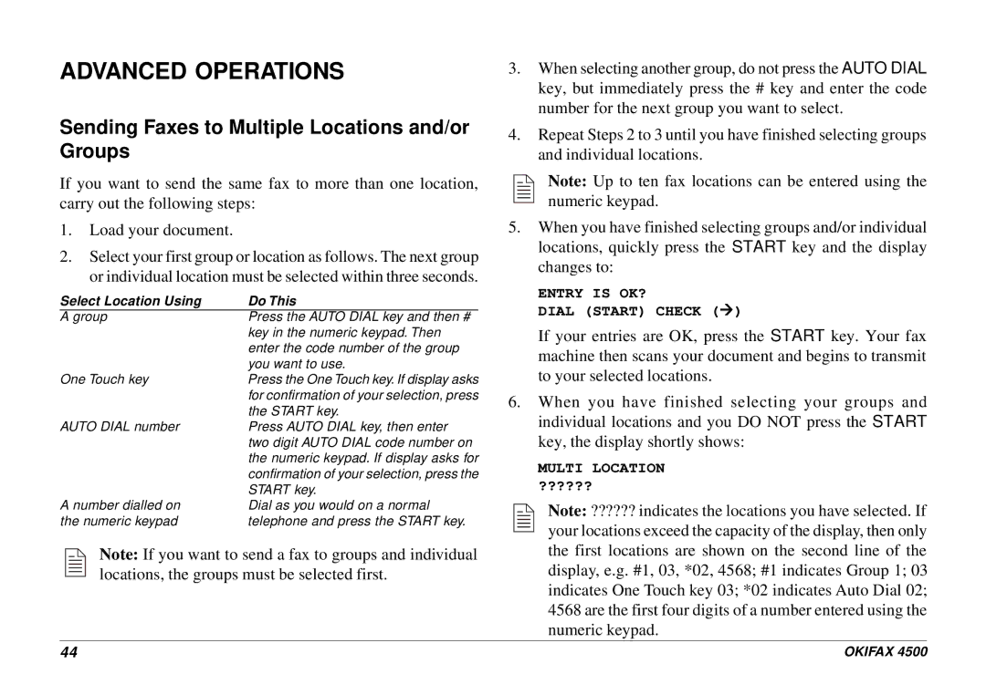 Oki 4500 manual Advanced Operations, Sending Faxes to Multiple Locations and/or Groups 