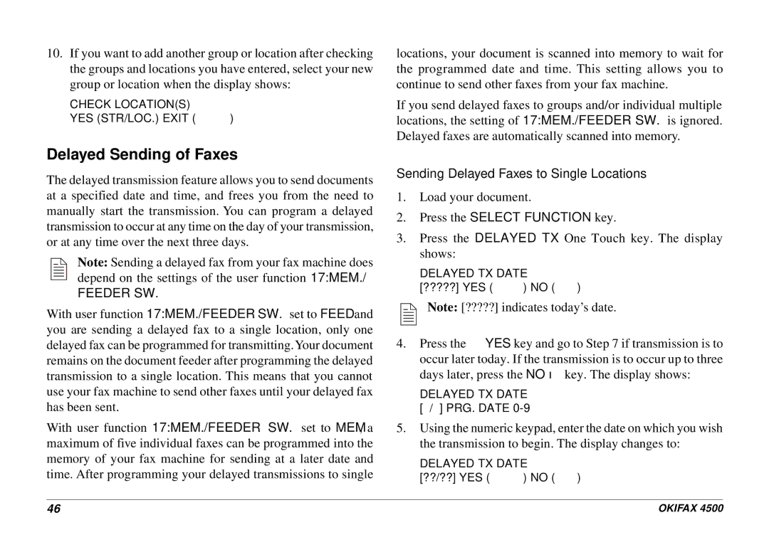 Oki 4500 manual Delayed Sending of Faxes, Sending Delayed Faxes to Single Locations 