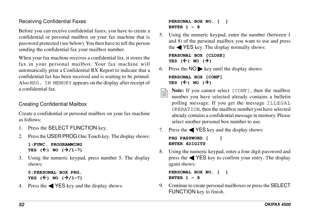 Oki 4500 manual Receiving Confidential Faxes, Creating Confidential Mailbox 