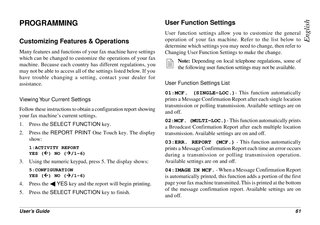 Oki 4500 manual Programming, Customizing Features & Operations, User Function Settings, Viewing Your Current Settings 