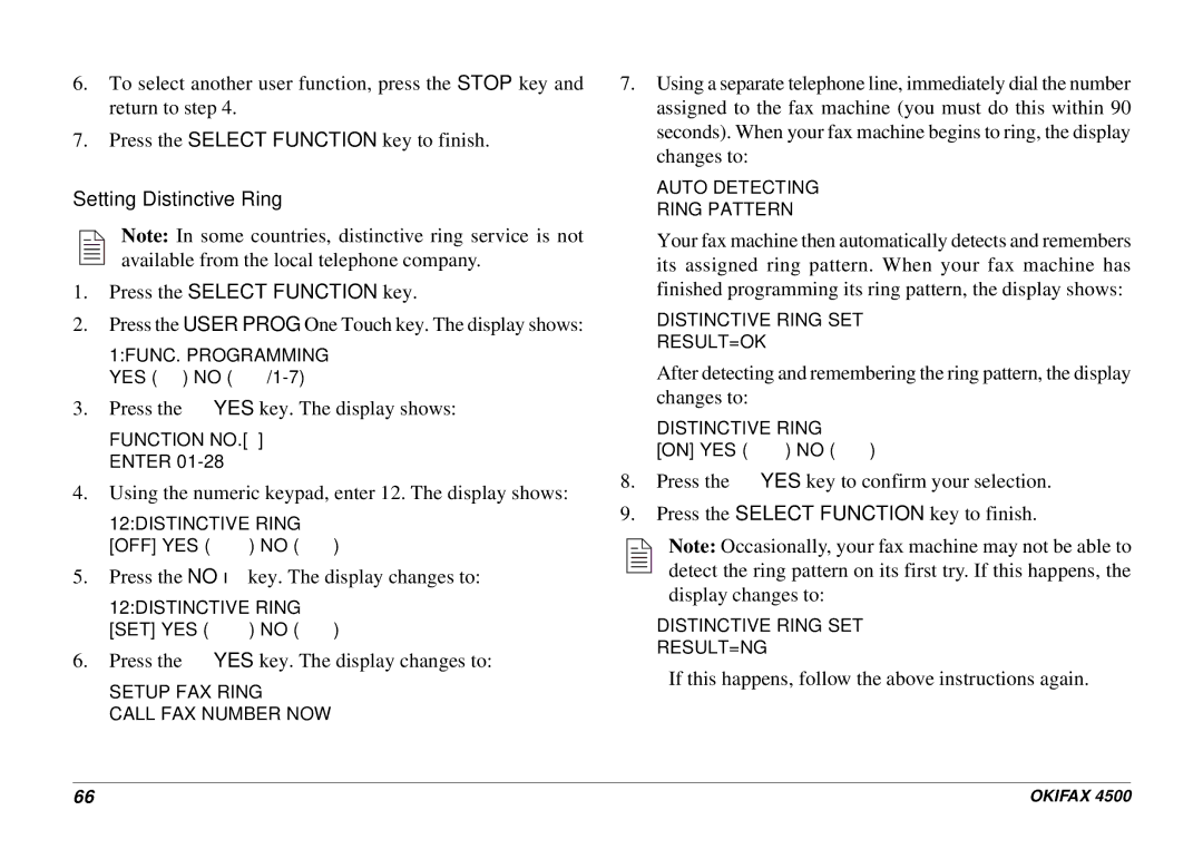 Oki 4500 manual Setting Distinctive Ring Press the Select Function key 