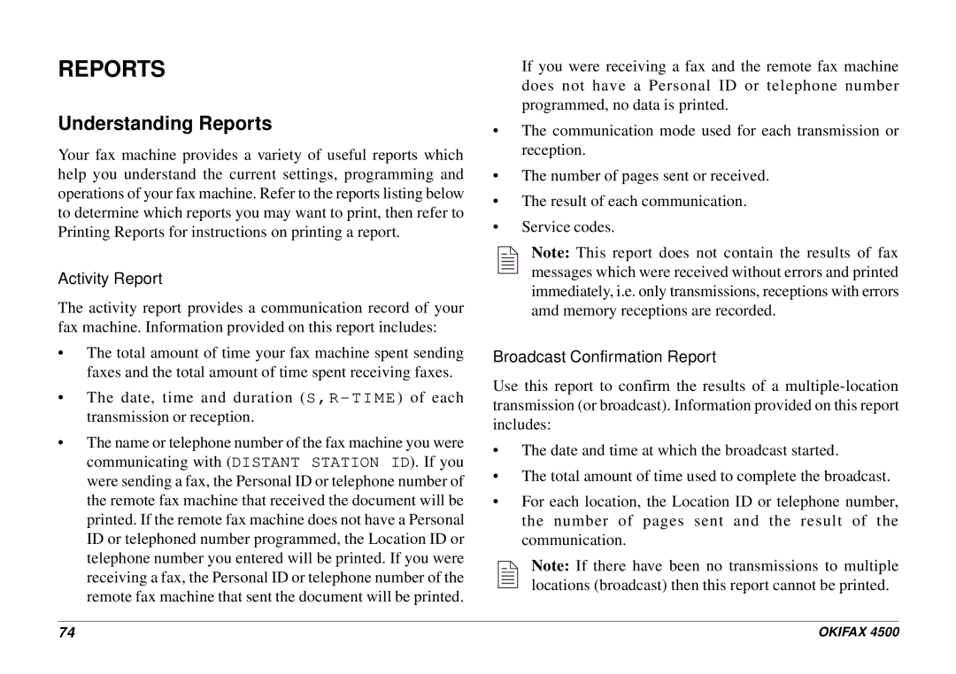 Oki 4500 manual Understanding Reports, Activity Report, Broadcast Confirmation Report 